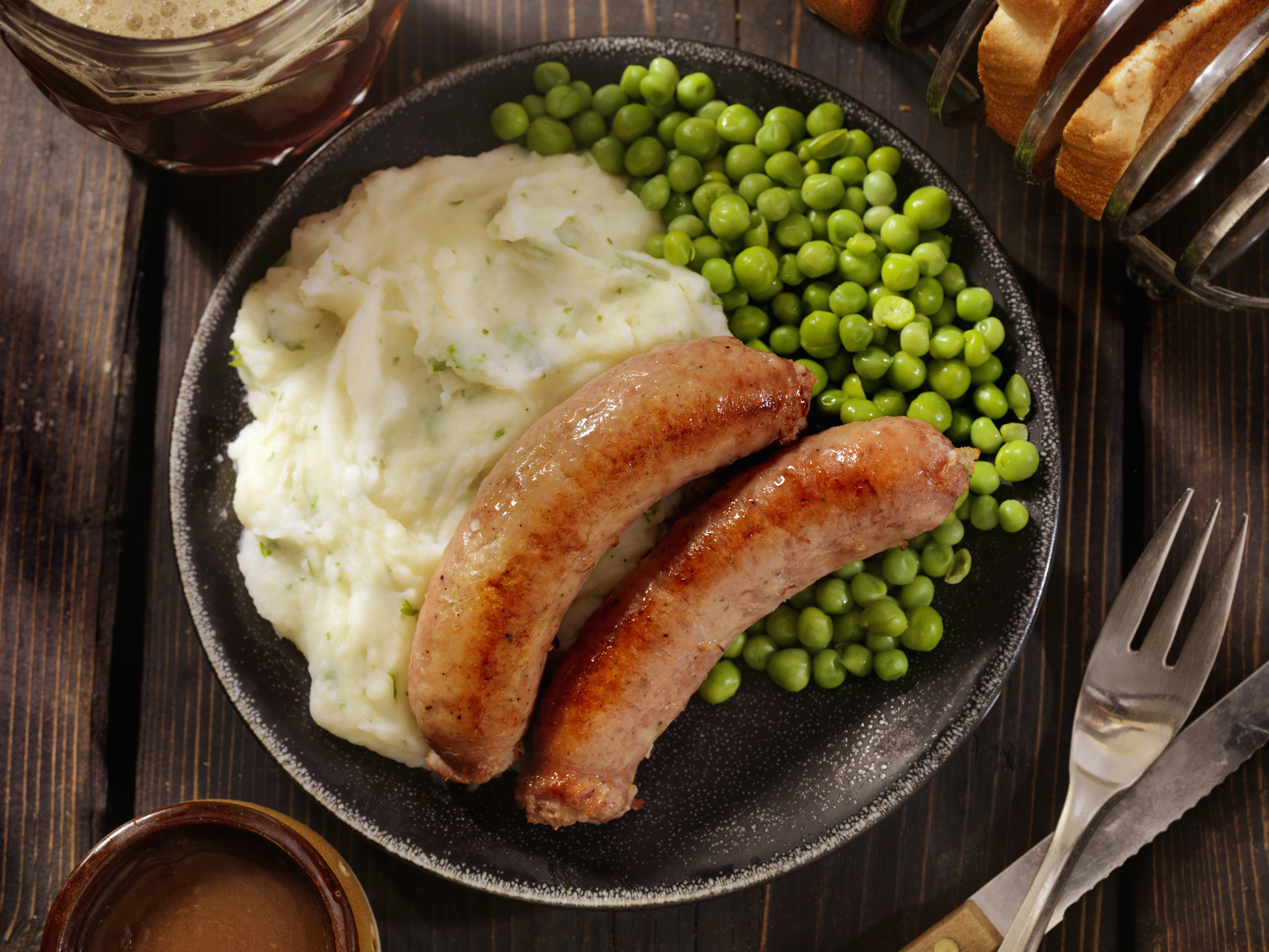 Mashed Potato with sausages and Peas